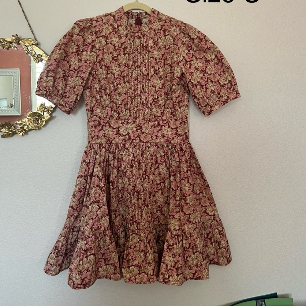 By Timo Floral Pleated High Neck Dress Puff Sleeve Pink Red mini grandma cottage